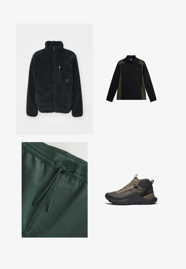 Sort fleecejakke med høj krave, fuld frontlynlås og brystlomme. Har en tekstureret, blød overflade og logo på lommen.; Langærmet sort og olivengrøn pullover med en kort lynlås foran og et lille logo på brystet.; Mørkegrønne sweat shorts med elastisk talje og snørelukning, glat tekstur og synlige stingdetaljer. Enkel, funktionel design.; Mellemhøj brun og sort vandresko med tekstureret sål, polstret ankelkrave og træksnore på tungen og hælen, vist på hvid baggrund.
