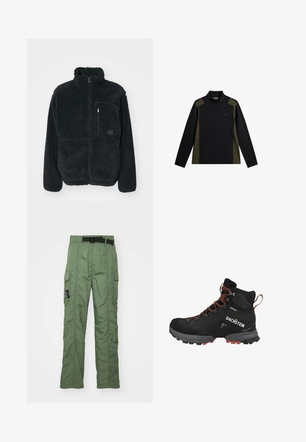Sort fleecejakke med høj krave, fuld frontlynlås og brystlomme. Har en tekstureret, blød overflade og logo på lommen.; Langærmet sort og olivengrøn pullover med en kort lynlås foran og et lille logo på brystet.; Cargo bukser i olivengrøn, lavet af let materiale. Har et sort bælte, cargo-lommer på siderne og syningsdetaljer.; Sort vandrestøvle med vandtæt overdel, orange snørebånd, gummisål med grebmønstre og branding på siden. Mellemhøj design for støtte.