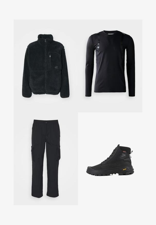 Zwarte fleecejack met hoge kraag, volledige ritssluiting en borstzak. Heeft een gestructureerd, zacht oppervlak en een logo op de zak.; Zwarte lange-mouwen sportshirt gemaakt van glad, rekbaar materiaal. Kenmerkt zich door glanzende zwarte accenten op de schouders en een Adidas-logo op de borst.; Zwarte cargobroek van geweven stof. Voorzien van een verstelbare tailleband, zijzakken en twee utilityzakken met ritsen.; Zwarte hoge laarzen met een gestructureerd oppervlak, voorzien van een waterdicht ontwerp, vetersysteem en een opvallende rubberen zool met Vibram-merktekens.