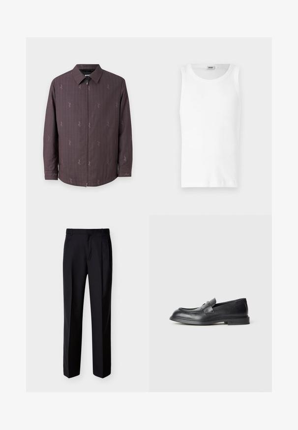 Chaqueta marrón con rayas verticales y un patrón sutil. Con cierre frontal y un cuello clásico. Fabricada con tejido texturizado.; Camiseta sin mangas de algodón blanco con cuello redondo y una textura suave. Diseño sencillo, sin patrones ni acentos.; Pantalones negros hechos a medida con corte recto, pinzas delanteras y bolsillos laterales. Elaborados con una tela suave y ligera con un patrón sólido.; Mocasines de cuero negro con acabado texturizado, que cuentan con una correa decorativa en la parte delantera y punta redondeada. Suela de goma para mayor durabilidad.