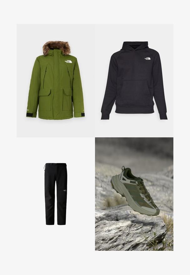 Olivgrüne Parkajacke mit einer Kapuze aus Futterfell, zwei Vordertaschen, verstellbaren Bündchen und einer Markenkennung auf der linken Brust. Strukturiertes Gewebe.; Schwarzer Hoodie mit einer vorderen Kängurutasche, gerippten Bündchen und Saum. Verfügt über ein weißes Logo auf der oberen linken Brust. Hergestellt aus weichem Stoff.; Schwarze Outdoor-Hosen mit schlankem Design, gefertigt aus einem strapazierfähigen, leichten Stoff. Mit Gürtel, Seitentaschen und einem Logo am Oberschenkel.; Terrex Trailrunning-Schuh in Olivgrün. Verfügt über ein atmungsaktives Mesh-Obermaterial, verstärkte Zehenpartie und eine robuste Sohle für guten Halt auf felsigem Untergrund.