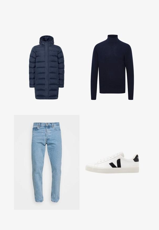 Marine blauwe pufferjas met een doorgestikt ontwerp, volledige ritsenclosure en verstelbare capuchon. Inclusief zijzakken en een langere silhoutte voor extra bedekking.; Marineblauwe coltrui met lange mouwen en geribde kraag, manchetten en zoom, weergegeven op een witte achtergrond.; Lichtblauwe denim jeans met een klassieke vijf-pocketontwerp, ritssluiting en licht taps toelopende benen, met subtiele wassing en stiksels.; Witte leren sneaker met zwarte suède accenten; voorzien van een rubberen zool, ronde neus en een klassieke vetersluiting. Zijkant met logo in het zwart.