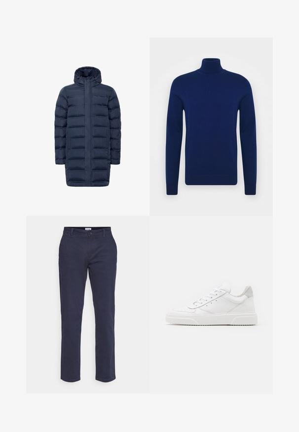 Marine blauwe pufferjas met een doorgestikt ontwerp, volledige ritsenclosure en verstelbare capuchon. Inclusief zijzakken en een langere silhoutte voor extra bedekking.; Navyblauwe coltrui van glad gebreid stof. Lange mouwen en een aansluitend ontwerp met geribbelde accenten bij de kraag en de zoom.; Marineblauwe katoenen broeken met een recht model, voorzien van een rits- en knoopsluiting, vijf zakken en subtiele stikdetails.; Witte leren sneakers met een gladde afwerking, ronde neus, platte veters en een gestructureerde zool. Grijze suède accent bij de hiel.