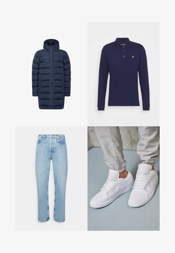 Marine blauwe pufferjas met een doorgestikt ontwerp, volledige ritsenclosure en verstelbare capuchon. Inclusief zijzakken en een langere silhoutte voor extra bedekking.; Marineblauwe lange mouwen polo gemaakt van katoen, met een twee-knopenpatijs, geribbelde manchetten en een klein geel geborduurd logo op de borst.; Lichtblauwe denim jeans met een rechte snit, hoge taille, vijf-pocket ontwerp en zichtbare stikseldetails op de naden en zomen.; Witte leren sneakers met een geperforeerde neus, platte veters, een gepolsterde kraag en het Jordan-logo op de tong. Gediend met grijze joggers.