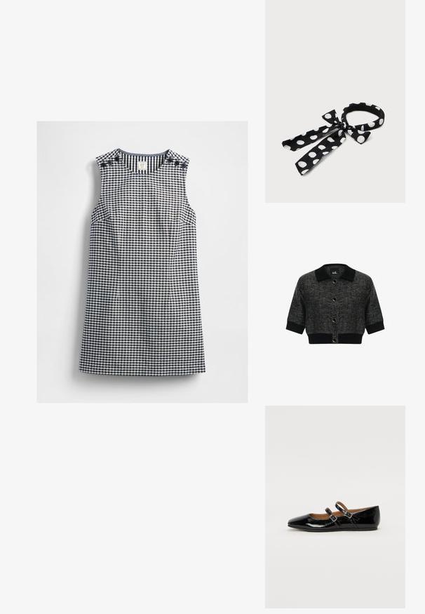 Cardigan negro corto con un cuello estructurado, botones circulares y tejido texturizado. Las mangas acortadas y un dobladillo negro sólido completan el diseño.; Vestido sin mangas de cuadros vichy en azul marino y blanco con escote redondo y detalles de botones en ambos hombros, dispuesto sobre un fondo blanco.; Bailarina de charol negro con puntera puntiaguda, dos correas ajustables con hebillas y suela plana. Textura lisa con acabado brillante.; Cinta para la cabeza de tela negra con lunares blancos atada en un lazo y dos extremos sueltos sobre un fondo blanco.