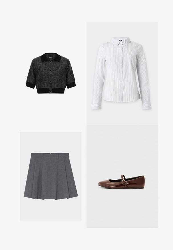 Kurzer schwarzer Cardigan mit einem strukturierten Kragen, runden Knöpfen und strukturiertem Stoff. Verkürzte Ärmel und ein einfarbiger schwarzer Saum runden das Design ab.; Weißes Langarmhemd mit dünnen vertikalen schwarzen Streifen und spitzem Kragen, dargestellt auf weißem Hintergrund.; Grauer plissierter Rock mit Bund und Gürtelschlaufen, flach auf weißem Hintergrund dargestellt.; Braune Lackleder-Ballerinas mit quadratischer Zehenform und Riemen mit einer kleinen goldenen Schnalle. Glatte Textur, niedriger Absatz und minimalistisches Design.