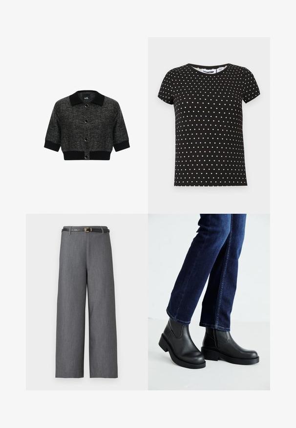 Kurzer schwarzer Cardigan mit einem strukturierten Kragen, runden Knöpfen und strukturiertem Stoff. Verkürzte Ärmel und ein einfarbiger schwarzer Saum runden das Design ab.; Schwarzes T-Shirt mit kurzen Ärmeln und weißen Punkten, runder Ausschnitt und gerader Saum.; Graue Hosen mit weitem Bein und hoher Taille, kombiniert mit einem schlanken schwarzen Gürtel mit einer kleinen goldenen Schnalle.; Schwarze Lederstiefeletten mit einer dicken Sohle und seitlichen Elastikeinsätzen, kombiniert mit dunkelblauen Jeans. Der Boden ist hellfarbig.