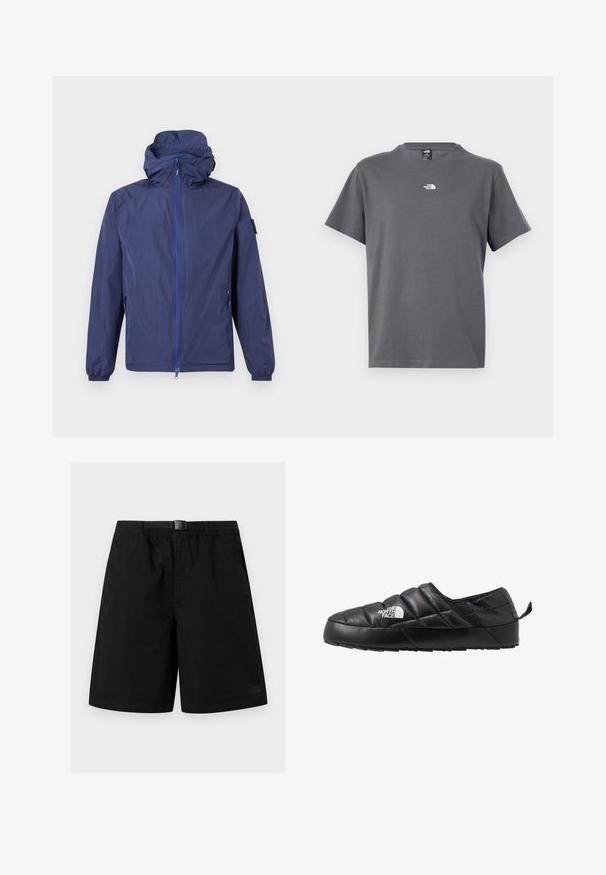 Veste légère à capuche bleu marine avec fermeture éclair complète sur le devant, deux poches latérales zippées, poignets élastiques et une petite écusson sur la manche gauche.; T-shirt gris à manches courtes avec col rond, arborant un petit logo blanc The North Face centré sur la poitrine.; Shorts noirs à hauteur de genou avec ceinture réglable intégrée et poches latérales, comportant un logo subtil The North Face sur la partie inférieure de la jambe gauche.; Chaussure noire à enfiler avec un design matelassé, fabriquée en matériau rembourré. Elle présente une semelle en caoutchouc texturée et une petite languette à l'arrière.