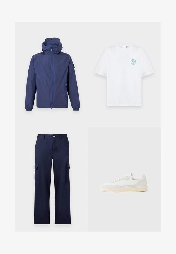 Veste légère à capuche bleu marine avec fermeture éclair complète sur le devant, deux poches latérales zippées, poignets élastiques et une petite écusson sur la manche gauche.; T-shirt blanc en coton à manches courtes avec col rond et petit logo circulaire bleu clair sur la poitrine gauche.; Pantalon cargo bleu marine à jambe droite avec poches à rabat latérales, passants de ceinture, et fermeture avant par bouton et fermeture éclair.; Baskets blanches avec dessus en daim et cuir texturé. Caractérisées par un bout arrondi, une fermeture à lacets et une semelle en caoutchouc beige contrastante.