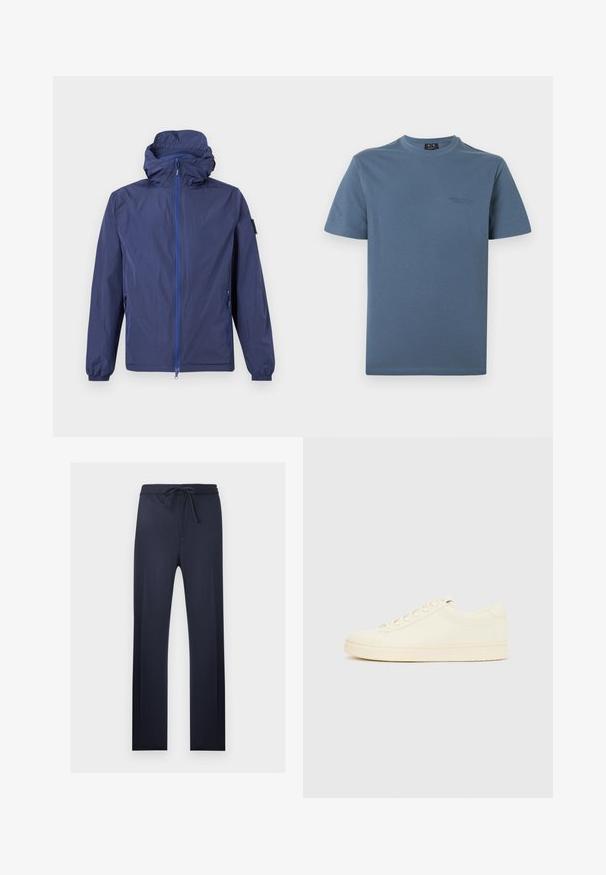 Veste légère à capuche bleu marine avec fermeture éclair complète sur le devant, deux poches latérales zippées, poignets élastiques et une petite écusson sur la manche gauche.; T-shirt bleu à col rond et manches courtes avec un logo Armani Exchange discret sur le côté gauche de la poitrine, sur fond blanc.; Pantalon bleu marine à jambes droites avec taille élastique et cordon de serrage devant, conçu pour un usage décontracté ou détente.; Baskets couleur crème avec une tige en cuir lisse, bout arrondi, laçage à l'avant et semelle en caoutchouc texturée. Design minimaliste, sans logo.