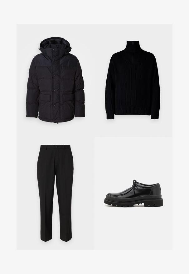 Schwarze Pufferjacke mit Kapuze, ausgestattet mit einem Reißverschluss und Druckknopfverschluss, zwei Fronttaschen und Steppstruktur.; Schwarzer gerippter Rollkragenpullover mit einem Halb-Reißverschluss am Kragen, langärmlig und in lässiger Passform. Die Textur ist weich und grob.; Schwarze Hosen aus glattem Stoff mit geradem Bein, Fronttaschen, einem einzigen Knopfverschluss und ohne sichtbare Muster.; Schwarze Leder-Derby-Schuhe mit einem eleganten Design, runder Zehenpartie und rutschfester Gummisohle mit tiefen Rillen für besseren Halt.