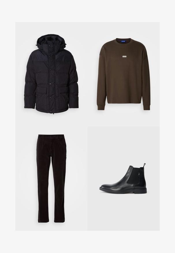 Schwarze Pufferjacke mit Kapuze, ausgestattet mit einem Reißverschluss und Druckknopfverschluss, zwei Fronttaschen und Steppstruktur.; Braunes Sweatshirt mit langen Ärmeln aus Baumwolle, mit Rundhalsausschnitt und kleinem weißem "HUGO"-Logo auf der Brust. Strukturierter Stoff.; Dunkelbraune Corduroy-Hosen mit geradem Bein, vorderen Taschen, Gürtelschlaufen, Knopfverschluss und Reißverschluss auf einem schlichten hellen Hintergrund.; Schwarze Leder Chelsea-Boots mit elastischen seitlichen Einsätzen, einer Zugschlaufe und einer flachen Gummisohle. Glatte Textur mit minimaler Ausgestaltung.