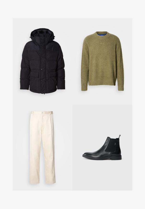 Schwarze Pufferjacke mit Kapuze, ausgestattet mit einem Reißverschluss und Druckknopfverschluss, zwei Fronttaschen und Steppstruktur.; Olivgrüner, flauschiger Pullover mit rundem Ausschnitt, gerippten Bündchen und Saum, der ein dezentes Markenlogo auf der Brust gestickt hat.; Beige Baumwollhose mit geradem Bein, ausgestattet mit einem Knopfverschluss und Falten an der Vorderseite für zusätzliche Details.; Schwarze Leder Chelsea-Boots mit elastischen seitlichen Einsätzen, einer Zugschlaufe und einer flachen Gummisohle. Glatte Textur mit minimaler Ausgestaltung.