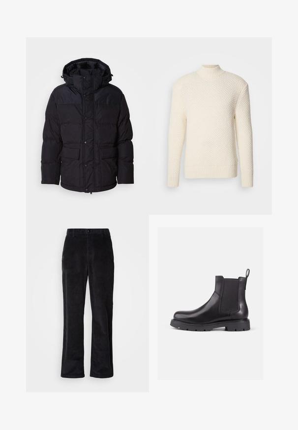 Chaqueta de plumón negra con capucha, que cuenta con cierre de cremallera y botón a presión, dos bolsillos frontales y textura acolchada.; Suéter de punto texturizado color crema, con mangas largas y un cuello ligeramente alto, puños y dobladillo acanalados, sobre un fondo blanco.; Pantalones de pana en negro intenso con un diseño de pierna recta, que presentan cierre de botón, trabillas para cinturón y bolsillos laterales para un uso funcional.; Botines Chelsea de cuero negro con paneles laterales elásticos, puntera redonda y suela de goma texturizada. Cuenta con una tira en la parte posterior para facilitar su puesta.