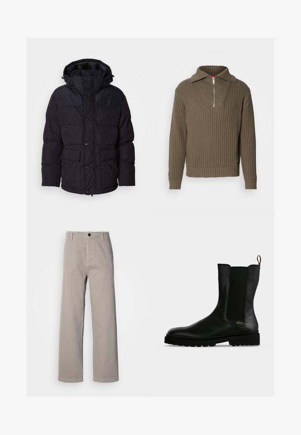 Doudoune noire avec capuche, dotée d'une fermeture à zip et à boutons-pression, de deux poches avant et d'une texture matelassée.; Pull en maille marron avec un zip moitié et un col large. Présente un tissu texturé et une coupe légèrement raccourcie. Design simpliste.; Pantalons larges beiges en coton doux, dotés d'une fermeture à bouton et de passants de ceinture. Texture lisse avec un design épuré et minimal.; Bottine en cuir noir avec un panneau latéral élastique, une semelle épaisse et une languette à l’arrière, featuring un petit logo doré "Hugo" près du talon.