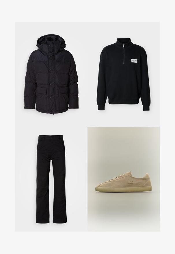 Schwarze Pufferjacke mit Kapuze, ausgestattet mit einem Reißverschluss und Druckknopfverschluss, zwei Fronttaschen und Steppstruktur.; Schwarzer Langarm-Pullover mit Viertel-Reißverschluss am Kragen und weißem Patch-Logo mit der Aufschrift "Calvin Klein New York City" auf der Brust.; Schwarze Baumwollhosen mit geradem Bein, ausgestattet mit einem Knopfverschluss und Gürtelschlaufen. Glatte Textur und minimalistischer Stil ohne sichtbare Muster.; Beiger Wildleder-Sneaker mit niedrigem Schaft, beiger Gummisohle, Schnürverschluss und dezentem „C.P. Company“-Branding an der Seite.