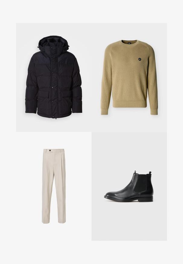 Sort pufferjakke med hætte, der har lynlås og trykknaplukning, to forlommer og quiltet overflade.; Beige strikket crewneck-trøje med lange ærmer, ribbede manchetter og kant samt lille sort cirkulært logo på venstre bryst.; Beige skræddersyede bukser med lige ben-design, der har frontplisseringer, knaplukning og en glat tekstur.; Sorte læder Chelsea støvler med elastiske sidepaneler, rund tå, trækstrop og en lav blokhæl. Glat tekstur og minimalistisk design.