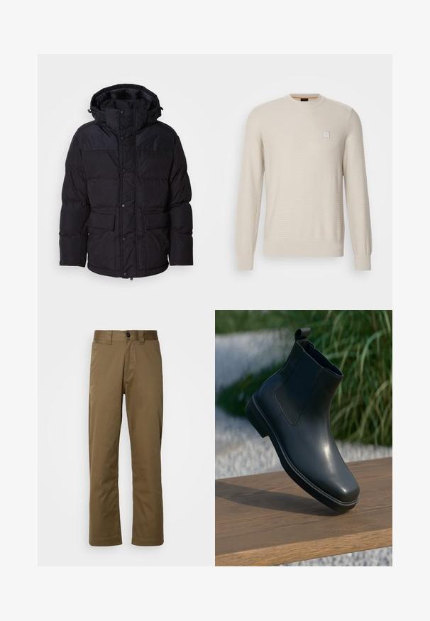 Sort pufferjakke med hætte, der har lynlås og trykknaplukning, to forlommer og quiltet overflade.; Lys beige sweater lavet af struktureret stof. Har en rund hals, lange ærmer og et lille firkantet logo på brystet.; Brune, lige bukser lavet af vævet stof. Har en knaplukning, sidelommer og en glat tekstur. Skræddersyet pasform.; Sort læder ankelstøvle med en glat overflade, elastiske sider og et løkkeagtigt trækstrop, der hviler på en træoverflade mod en sløret baggrund.