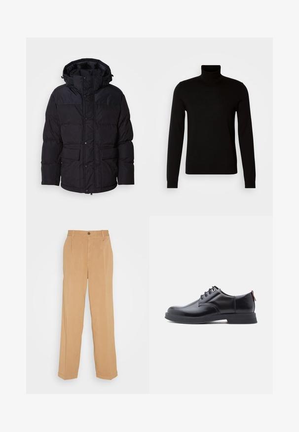 Schwarze Pufferjacke mit Kapuze, ausgestattet mit einem Reißverschluss und Druckknopfverschluss, zwei Fronttaschen und Steppstruktur.; Schwarzer Rollkragenpullover aus feiner Strickware, mit langen Ärmeln und taillierter Silhouette. Glatte Textur mit gerippten Bündchen.; Beige weite Hose aus weichem Stoff, mit zwei frontalen Taschen, einem Knopfverschluss und Bügelfalten entlang der Beine.; Schwarze Leder-Schnürschuhe mit glatter Textur, rundem Zehenbereich und dezenten Ziernähten. Mit einem roten Laschenband an der Ferse.