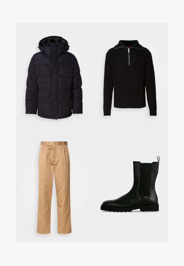 Schwarze Pufferjacke mit Kapuze, ausgestattet mit einem Reißverschluss und Druckknopfverschluss, zwei Fronttaschen und Steppstruktur.; Schwarzer gerippter Pullover mit hohem Kragen und kurzem Reißverschluss. Verfügt über einen strukturierten Stoff und enganliegende Bündchen, die eine konturierte Silhouette bieten.; Khaki-Hosen aus Baumwollmischung, im geraden Schnitt, mit Vorderfalten, Gürtelschlaufen und Knopfverschluss. Glatte Textur ohne Muster.; Schwarzer Leder-Stiefelette mit elastischem Seitenteil, grober Sohle und Zuglasche hinten, mit kleinem goldenem "Hugo" Logo nahe der Ferse.