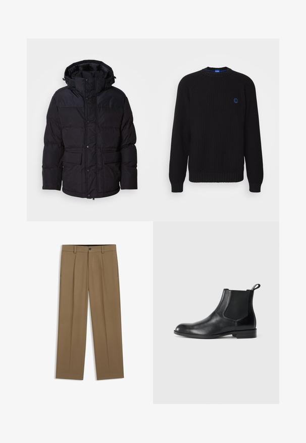 Schwarze Pufferjacke mit Kapuze, ausgestattet mit einem Reißverschluss und Druckknopfverschluss, zwei Fronttaschen und Steppstruktur.; Schwarzer gestrickter Pullover mit rundem Ausschnitt, gerippten Bündchen und Saum, mit einem blauen Logo auf der Brust. Glatte Textur, lässige Passform.; Braune gerade geschnittene Hose mit Gürtelschlaufen, Vorderknopf und Reißverschluss, flach auf weißem Hintergrund dargestellt.; Schwarze Leder-Stiefelette mit elastischen Seiteneinsätzen, abgerundeter Zehenpartie und einem Zugschlauf. Glatte Textur, flache Sohle, minimalistisches Design.
