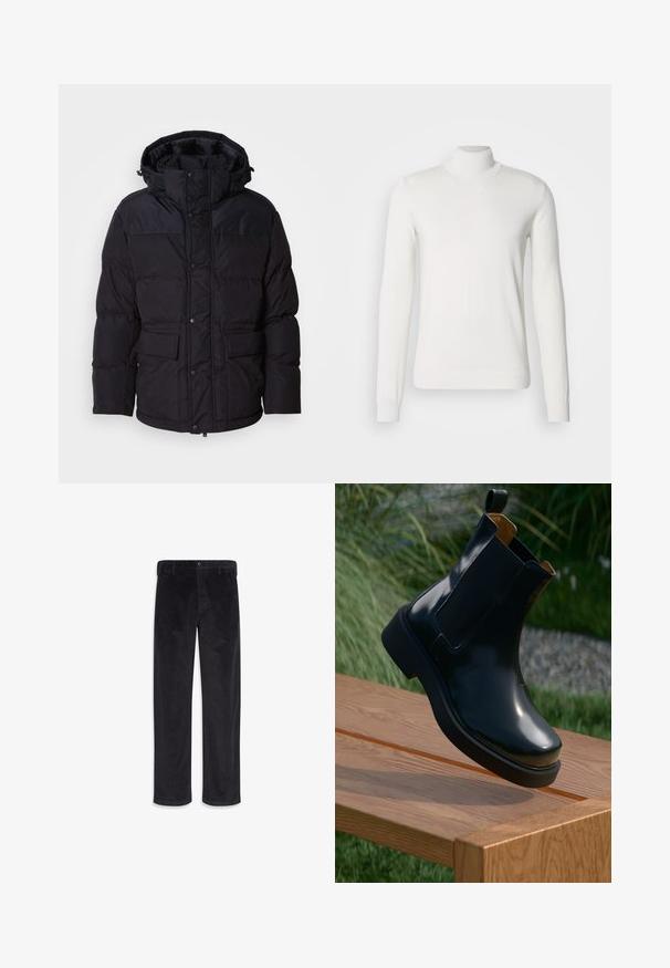 Sort pufferjakke med hætte, der har lynlås og trykknaplukning, to forlommer og quiltet overflade.; Hvid turtleneck sweater lavet af ribstrikket stof. Har lange ærmer, et tætsiddende design og en glat tekstur.; Sorte, lige bukser i ribstof med knap- og lynlåslukning, bæltestropper og sidelommer.; Sorte læder chelsea støvle med glat finish, elastiske sidepaneler, rund tå og tyk gummisål, placeret ovenfor en træoverflade.