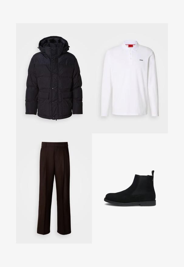 Schwarze Pufferjacke mit Kapuze, ausgestattet mit einem Reißverschluss und Druckknopfverschluss, zwei Fronttaschen und Steppstruktur.; Weißes Langarm-Polohemd aus Baumwolle mit Kragen, Drei-Knopf-Leiste und schwarzem "HUGO"-Logo auf der linken Brust.; Braune maßgeschneiderte Hose mit geradem Bein, versehen mit einer vorderen Falte, glatter Textur und klassischem Bund. Geeignet für formelle Anlässe.; Schwarzer Wildleder-Chelsea-Stiefel mit elastischen Seitenteilen, Zuglasche hinten und flacher, strukturierter Sohle.