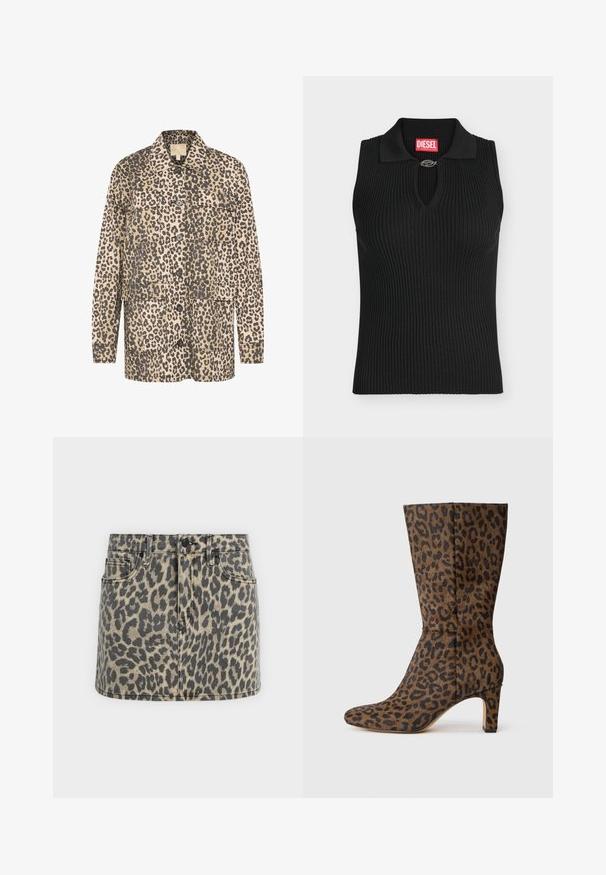 Chaqueta camisa con estampado de leopardo en beige y marrón oscuro. Presenta dos bolsillos frontales, cierre de botones y un corte relajado. Fabricada en tejido suave.; Top negro sin mangas de punto acanalado con cuello y pequeño cierre metálico en el escote, con etiqueta de la marca Diesel roja dentro del cuello.; Primer plano de una falda corta de mezclilla con trabillas para cinturón, botón frontal y estampado de leopardo en tonos beige y negro.; Botín de tobillo con estampado de leopardo en marrón y negro, con punta afilada y tacón cuadrado, elaborado en tejido texturizado.