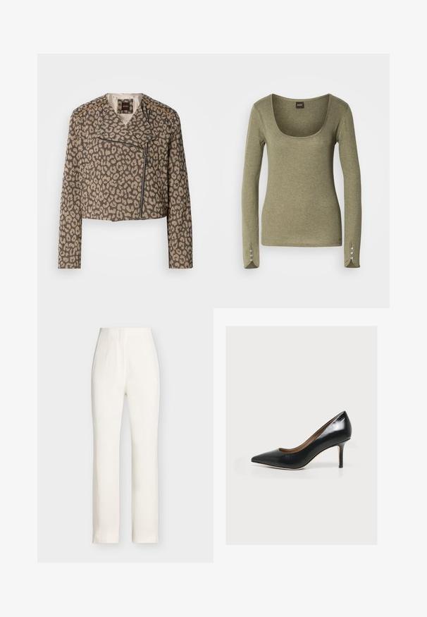 Chaqueta de moto recortada en tejido texturizado color beige con estampado de leopardo negro. Presenta un zipper diagonal, cuello con muescas y dos bolsillos laterales.; Top de manga larga verde oliva con escote redondeado, corte ajustado y botones decorativos en los puños, confeccionado en una suave tela texturizada.; Pantalones blancos de tiro alto y pierna recta con detalles de costura frontal y cierre oculto sobre un fondo liso gris claro.; Zapato de tacón alto de cuero negro con puntera puntiaguda y tacón fino, mostrado de lado sobre fondo blanco.