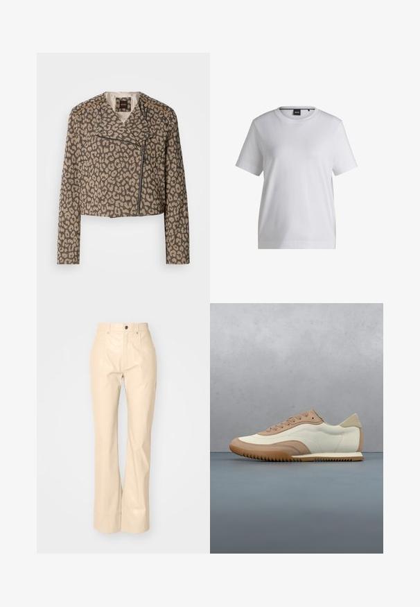 Veste de motard raccourcie en tissu texturé beige avec imprimé léopard noir. Elle dispose d'une fermeture éclair diagonale, d'un col cranté et de deux poches latérales.; T-shirt en coton blanc avec un col rond, des manches courtes et une coupe décontractée. Il présente une petite étiquette de marque près du col.; Pantalons évasés en simili cuir beige avec une texture lisse, dotés de poches avant, d'une fermeture à bouton et d'une finition légèrement brillante.; Baskets crème et beige avec une tige texturée, des lacets et une semelle en caoutchouc, présentées au-dessus d'une surface en bois avec des cailloux.
