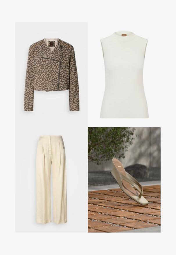 Chaqueta de moto recortada en tejido texturizado color beige con estampado de leopardo negro. Presenta un zipper diagonal, cuello con muescas y dos bolsillos laterales.; Top blanco sin mangas con un escote alto, que presenta una textura acanalada y un diseño ajustado. Etiqueta de la marca "BOSS" visible en el cuello.; Pantalones de seda crema de tiro alto con pliegues, piernas anchas y cierre frontal oculto con cremallera sobre un fondo blanco liso.; Sandalia de cuero beige con logo de BOSS en la plantilla, flotando sobre un patio de listones de madera con pequeñas piedrecillas entre ellos.