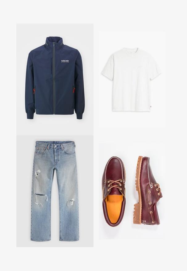 Dunkelblaue leichte Jacke mit hohem Kragen, Frontreißverschluss und zwei seitlichen Taschen mit roten Kordeln und grauen Akzenten. Logo auf der Brust.; Weißes Baumwoll-T-Shirt mit kurzen Ärmeln, rundem Ausschnitt und einem dezenten "Levi's"-Logo in heller Farbe auf der Vorderseite.; Hellblaue Jeans mit geradem Schnitt und abgenutzten Details an beiden Beinen, dargestellt vor einem schlichten hellen Hintergrund.; Bordeauxfarbene Lederschuhe mit braunen Gummisohlen, runder Zehenform, weißen Nähten und goldenen Ösen. Das Innenfutter weist eine gelbe Beschichtung auf.