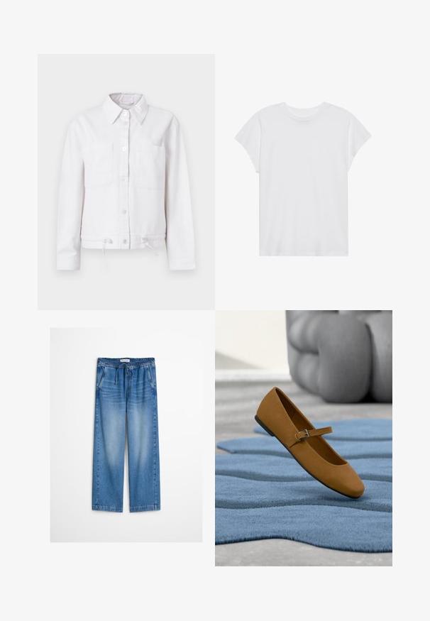 Hvid bomuldsjakke med lange ærmer, knaplukning foran, to brystlommer og justerbar snor i nederkanten. Glat tekstur, krave-design.; Hvid kortærmet t-shirt med rund hals, afslappet pasform, lavet af blødt bomuldsstof. Glat tekstur, ingen mønstre eller logoer.; Lyseblå vidbenet denimbukser med elastik i taljen og snor, med let falmning og afslappet pasform.; Brun Mary Jane flad sko med spænde, svævende over et struktureret blåt tæppe, gråt polstret møbel i baggrunden.