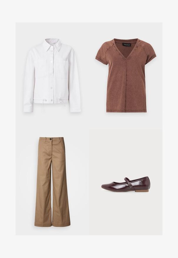 Hvid bomuldsjakke med lange ærmer, knaplukning foran, to brystlommer og justerbar snor i nederkanten. Glat tekstur, krave-design.; Brun kortærmet V-hals T-shirt med synlige sømme og et sort "ANNA FIELD" mærke på indersiden af halsudskæringen.; Bredde benbukser lavet af glat, tan stof. Har en frontlukning med knap, bæltestropper og sidelommer. Rene linjer uden synlige mønstre.; Bordeaux Mary Jane flad sko med rundet tå, skinnende finish, justerbar side-rem med sølvspænde og lav lysebrun sål.