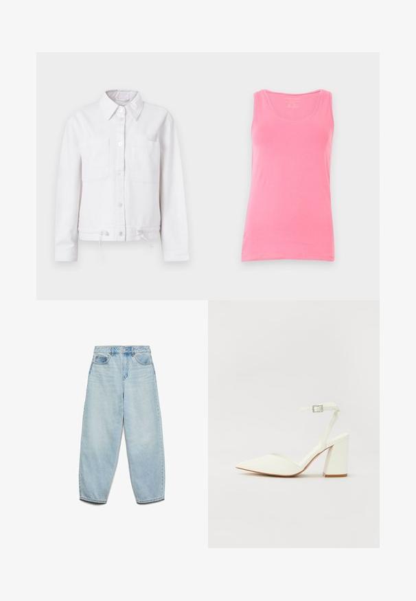 Hvid bomuldsjakke med lange ærmer, knaplukning foran, to brystlommer og justerbar snor i nederkanten. Glat tekstur, krave-design.; Lyserød tanktop lavet af blød stof, med en scoop neckline og smalle stropper. Glat tekstur med en tætsiddende pasform og uden mønstre.; Lyseblå denimjeans med en afslappet pasform, høj talje og vide ben, der har en let falmet overflade og klassisk fem-lomme design.; Hvide hælede sandaler med spids tå, justerbar ankelrem og en kraftig firkantet hæl. Glat tekstur med minimale syninger.