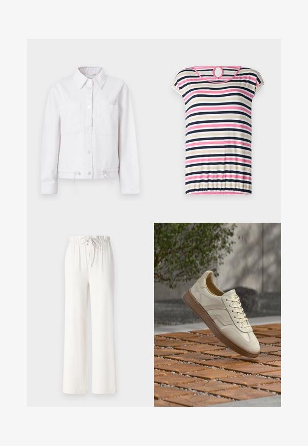 Hvid bomuldsjakke med lange ærmer, knaplukning foran, to brystlommer og justerbar snor i nederkanten. Glat tekstur, krave-design.; Stripet t-shirt med korte ærmer i beige, navy, pink og hvid; har en rund halsudskæring med en nøglehul i ryggen og en samlet søm.; Hvide brede bukser lavet af blødt stof, med snoreliv og glat tekstur. Ingen mønstre eller pynt synlige.; Sneakers i cremefarve med en struktureret beige gummisål, snøredesign og diskret brand på siden. Overdel i glat læder.