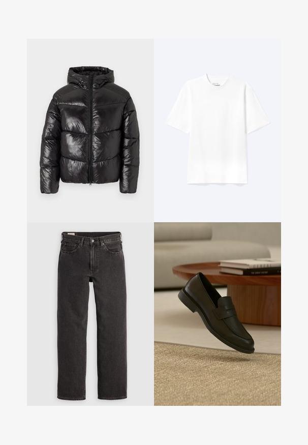 Veste matelassée noire avec une finition brillante, fermeture éclair sur le devant, capuche et design matelassé comportant des sections horizontales distinctes.; T-shirt blanc uni à manches courtes et col rond avec une coupe décontractée, présenté sur un fond clair.; Jeans en denim noir avec une coupe droite, cinq poches et des tringles métalliques. Le tissu présente une légère texture et une finition unie.; Chaussure mocassin en cuir noir présentée en suspension au-dessus d'un tapis beige tissé, avec une table en bois et des livres empilés dans un salon doucement éclairé.