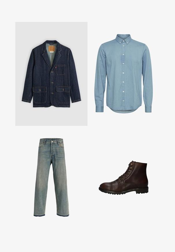 Dunkelblauer Denim-Blazer mit Reverskragen, drei Knöpfen, zwei großen Fronttaschen und einer Brusttasche. Gestickte Akzente und das Innenlabel sind sichtbar.; Helle blaue Jeanshemd mit Button-Down-Kragen, langen Ärmeln und abgerundetem Saum. Verfügt über eine Vorderleiste mit weißen Knöpfen.; Hellblaue Jeans mit geradem Bein und hoher Taille, Fünf-Taschen-Design, Knopf- und Reißverschluss sowie ausgefranste Säume mit dunkler Naht.; Dunkelbraune Leder Schnürstiefelette mit robustem Gummisohlen und Metallösen, von der Außenseite betrachtet.
