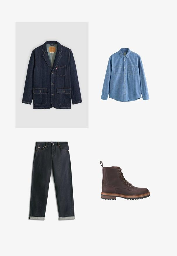 Mørk denim blazer med reverskrave, tre knapper, to store forlommer og en brystlomme. Synlige stikninger og indvendigt mærke.; Langærmet blå chambray-skjorte med knaplukning foran og to brystlommer, lagt fladt på en hvid baggrund.; Mørkeblå denimjeans med opsmøgede bukseben, fem lommer og kontrastsyning, lagt fladt på en hvid baggrund.; Brune læder støvler med snørebånd ved anklen, med en tekstureret overflade, kontrasterende beige såler og metaløjer. Har en trækflig for nem påtagning.