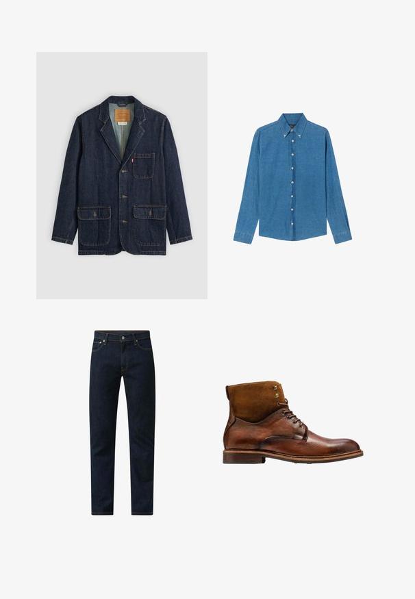 Dunkelblauer Denim-Blazer mit Reverskragen, drei Knöpfen, zwei großen Fronttaschen und einer Brusttasche. Gestickte Akzente und das Innenlabel sind sichtbar.; Blaue Denim-Hemd mit Button-down-Kragen, langen Ärmeln und Knöpfen vorne. Der Stoff hat eine strukturierte Oberfläche und einen klassischen Schnitt.; Dunkelblaue Denim-Jeans mit geradem Schnitt. Sie verfügen über orangefarbene Nähte, ein Fünf-Taschen-Design und einen Knopfverschluss in der Taille.; Kazar ALID - Schnürstiefelette - brown