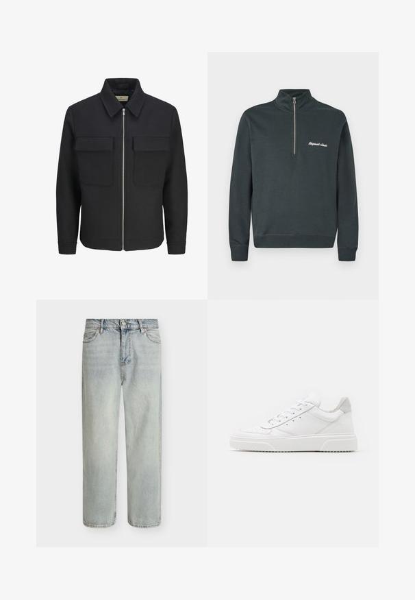 Chaqueta negra con cremallera frontal, confeccionada en tela texturizada, que presenta un cuello con solapa, dos bolsillos en el pecho y un dobladillo recto.; Sudadera gris oscuro con alto cuello y media cremallera. Presenta texto bordado en blanco que dice "Originals Studio" en el lado izquierdo del pecho.; Vaqueros de mezclilla azul claro con un corte relajado, piernas rectas y un acabado ligeramente desteñido. Cuenta con cinco bolsillos y detalles con costuras.; Zapatillas de cuero blanca con un acabado suave, punta redondeada, cordones planos y una suela texturada. Acento de ante gris en el talón.