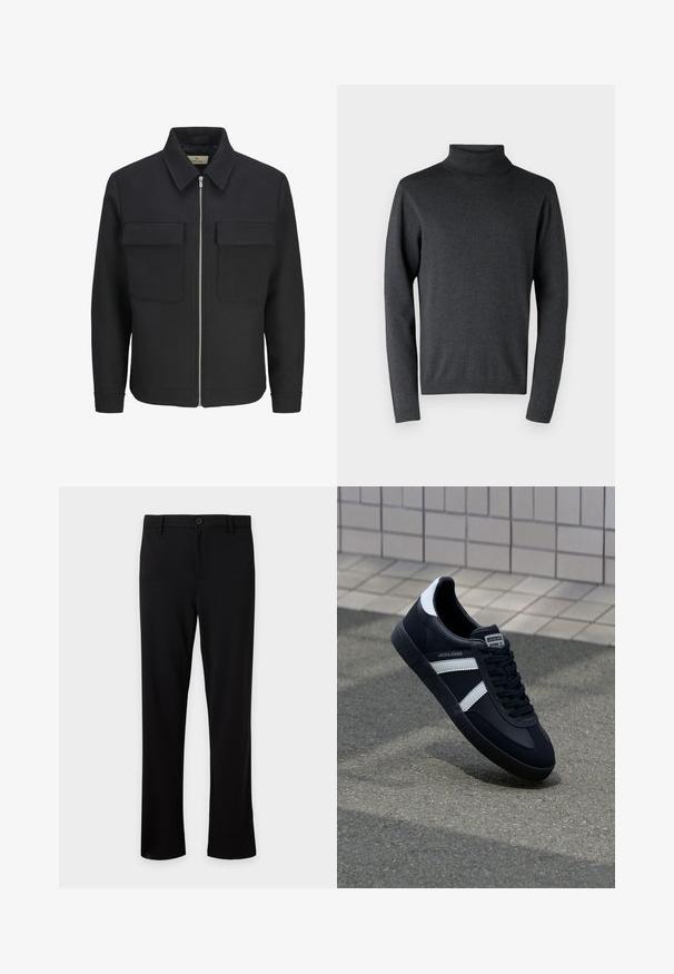 Chaqueta negra con cremallera frontal, confeccionada en tela texturizada, que presenta un cuello con solapa, dos bolsillos en el pecho y un dobladillo recto.; Jersey de cuello alto gris oscuro, hecho de material suave, con mangas largas y puños y dobladillo acanalados, con una textura lisa y uniforme.; Pantalón de vestir negro con perneras rectas, cierre de botón y cremallera, trabillas para cinturón y sin bolsillos visibles, mostrado sobre un fondo liso y claro.; Zapatilla de cuero negra con rayas blancas, suela de goma texturizada y parte frontal con cordones. Cuenta con una etiqueta de marca en la lengüeta.