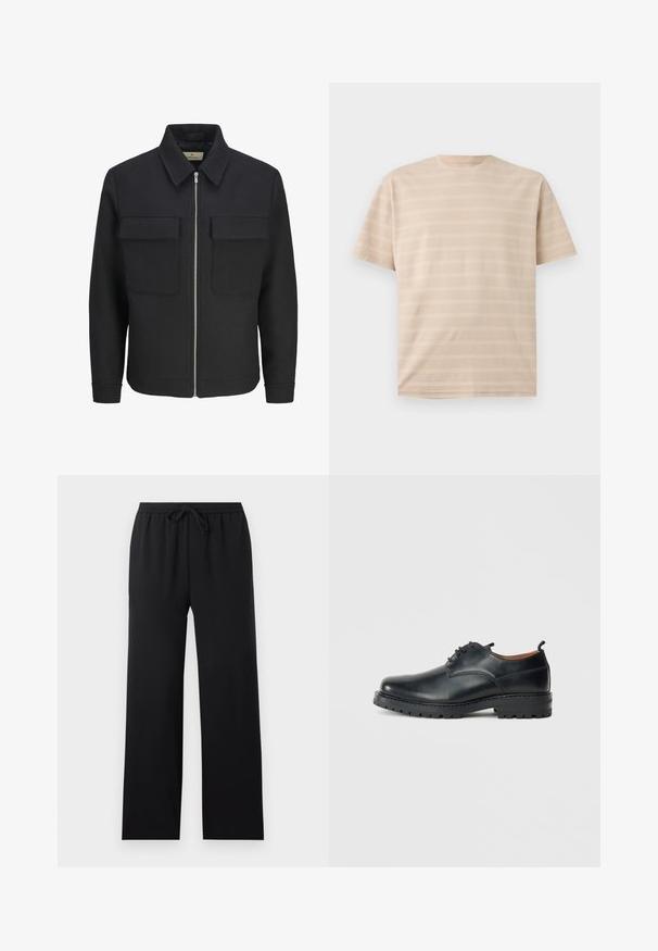 Zwarte ritssluiting jack van gemetalliseerde stof, met een collared nek, twee borstzakken en een rechte zoom.; Beige T-shirt met korte mouwen en ronde hals met subtiele horizontale gestructureerde strepen op een effen achtergrond.; Zwarte loszittende broek met elastische tailleband en vooraan trekkoord, rechte pijpen, eenvoudig ontwerp, weergegeven op een neutrale achtergrond.; Zwarte leren derby schoenen met een gladde textuur, ronde neus, vetersluiting en een dikke, robuuste rubberen zool.