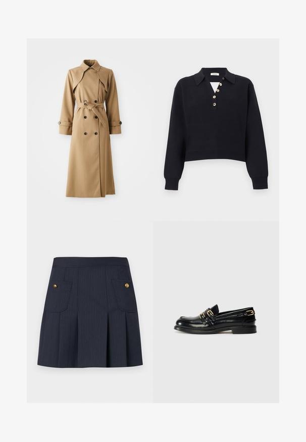 Beige trenchcoat med dobbeltknappe-lukning, bred krave, belted talje og lange ærmer. Har mønstrede stoffer og knapdetaljer.; Sort langærmet strikket sweater med krave og fem lysebrune knapper, der er skråt placeret langs bryststolpen, ribbede manchetter og kant.; Mørkeblå navy nederdel med tynde striber, forplissering foran og to klaplommer på hver side med guldknapper.; Sorte læder loafers med en blank finish, der har to guldspænder og en lav hæl. Glat tekstur med rund tådesign.