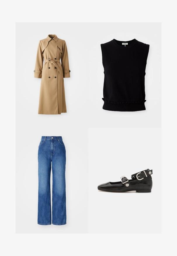 Beige Trenchcoat mit doppelt geknöpften Knöpfen, breitem Kragen, tailliertem Gürtel und langen Ärmeln. Besitzt ein gemustertes Material und Knopfakzente.; Schwarzer ärmelloser Pullover aus weichem Strickmaterial. Mit rundem Hals und gerafftem unteren Saum mit Rippenbesatz. Einfaches, modernes Design.; Blaue Denim-Breitbeinformjeans mit vertikalen weißen Streifen, hoher Taille und Fünf-Taschen-Design, ausgestattet mit einem Knopf- und Reißverschluss.; Schwarze Lackleder-Ballerina mit eckiger Zehenpartie, Knöchelriemen mit silberner Hardware und flacher Sohle. Glatte Textur mit minimalistischen Design.