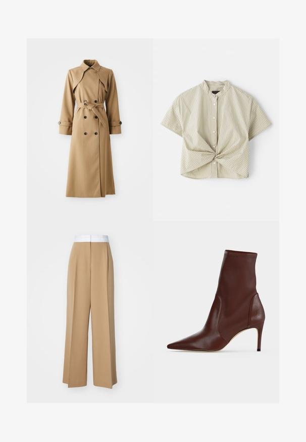 Trench coat beige con botones de doble botonadura, amplio cuello, cintura ceñida con cinturón y mangas largas. Presenta una tela con estampado y detalles de botones.; Blusa de manga corta y cuello en verde claro con rayas verticales blancas; presenta un detalle frontal retorcido y cierre de botones. Textura de tejido suave.; Pantalones de pierna ancha en una tela marrón claro con una banda blanca de contraste en la cintura. Presenta líneas limpias y sin patrones o adornos visibles.; Bota de cuero marrón oscuro hasta el tobillo con punta afilada y tacón alto y delgado sobre un fondo claro y liso.
