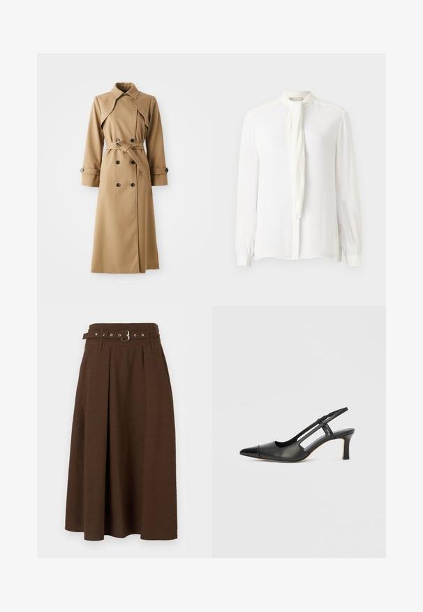 Beige trenchcoat met dubbele knopen, brede kraag, ceintuur in de taille en lange mouwen. Heeft een gemusterde stof en knoopaccenten.; Witte blouse met lange mouwen, hoge kraag en een dunne strik. Gemaakt van stevige stof met gegatherde manchetten en een knoopsluiting aan de voorkant.; Donkerbruine A-lijn midi-rok met hoge taille, plooien, ceintuurlussen en bijpassende riem met zilveren gesp.; Zwarte leren slingback schoen met een puntige neus, voorzien van een glanzend detail op de neuskap en een hak van gemiddelde hoogte. Open zijkant ontwerp.