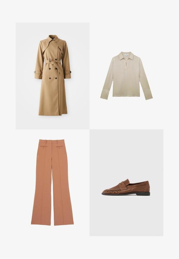 Beige trenchcoat met dubbele knopen, brede kraag, ceintuur in de taille en lange mouwen. Heeft een gemusterde stof en knoopaccenten.; Beige blouse met lange mouwen, V-halskraag en knoopmanchetten, weergegeven op een witte achtergrond.; Brede broek in lichtbruin stof, met twee voorzakken, subtiele naaddetails en een zachte textuur.; Bruine leren mocassinschoen met een platte zool, geplooide textuur en een decoratieve band over de wreef. Rubberzool voor grip en duurzaamheid.