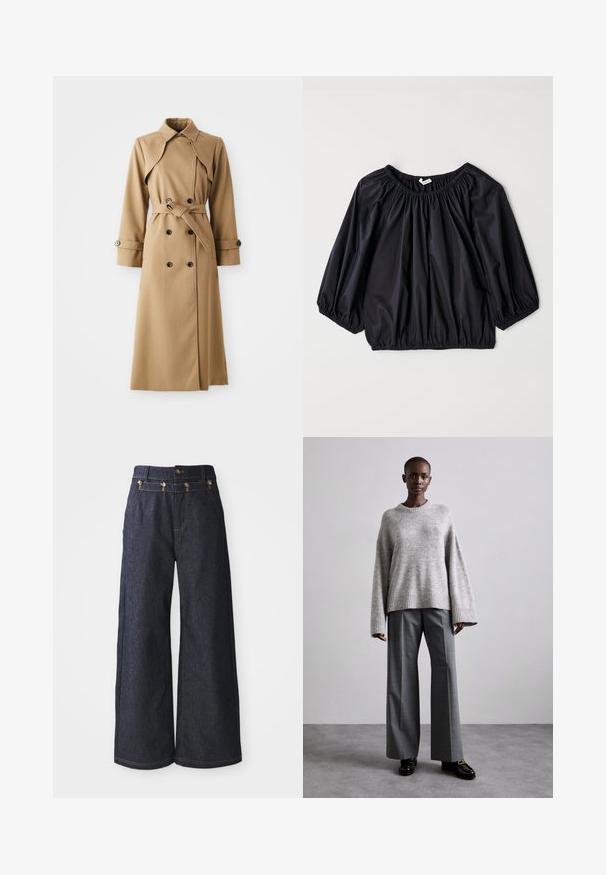 Beige trenchcoat met dubbele knopen, brede kraag, ceintuur in de taille en lange mouwen. Heeft een gemusterde stof en knoopaccenten.; Zwarte, lichte blouse met een elastische halslijn en manchetten. Heeft een losse, ballonvorm en een gladde, glanzende textuur.; Wijde jeans van donkerdenim, met een hoge taille, dubbele knoopsluiting en contrasterende stiksels langs de naden.; Grijze gebreide trui met brede mouwen en geribbelde onderrand, gecombineerd met hoge grijze broeken met een subtiel ruitenpatroon en zwarte loafers.