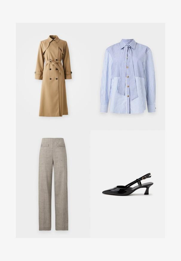 Beige Trenchcoat mit doppelt geknöpften Knöpfen, breitem Kragen, tailliertem Gürtel und langen Ärmeln. Besitzt ein gemustertes Material und Knopfakzente.; Blau-weiß vertikal gestreifte Bluse mit Knopfleiste, dazu eine Halsdetail-Schleife und goldene Knöpfe, mit gemischten Streifenmustern an Ärmeln und Körper.; Beige, hoch taillierte, gerade geschnittene Hose mit einem dezenten, strukturierten Muster und zwei vorderen Paspeltaschen.; Schwarzer Slingback-Pumps aus Lackleder mit spitzer Spitze und verstellbarem goldfarbenem Riemen auf weißem Hintergrund.